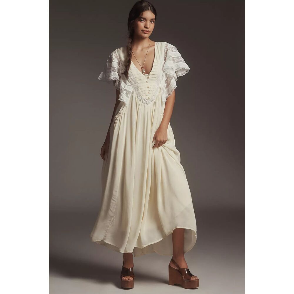 Anthropologie V-Neck Flutter-Sleeve Midi Dress